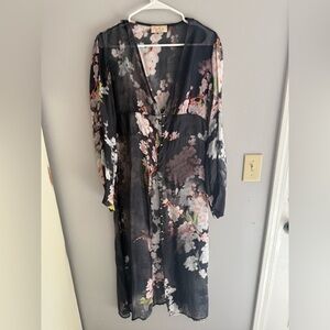 Sofia Women’s Black Floral Sheer Long Sleeve Button Kimono Cover Up Whimsigoth